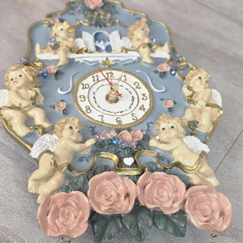 Vintage 3D Cherub Angel Cupid & Roses Hanging Chime Musical Wall Clock Works!